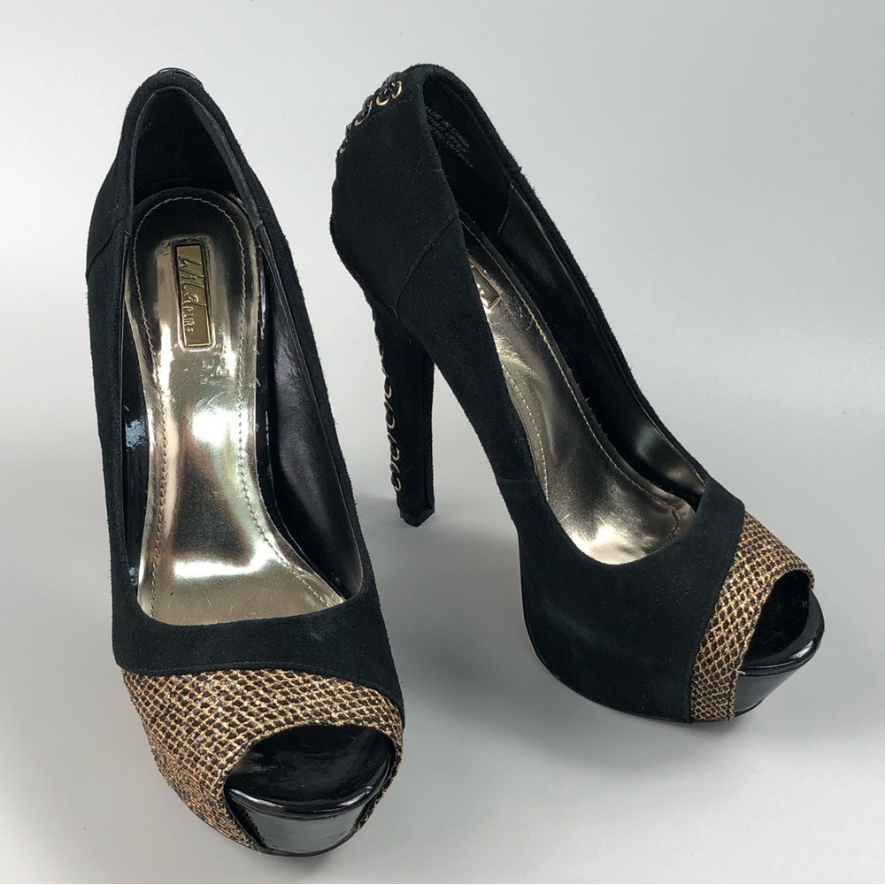 Wild Pair Suede Gold Mesh Peep Toe Heels Size 7.5